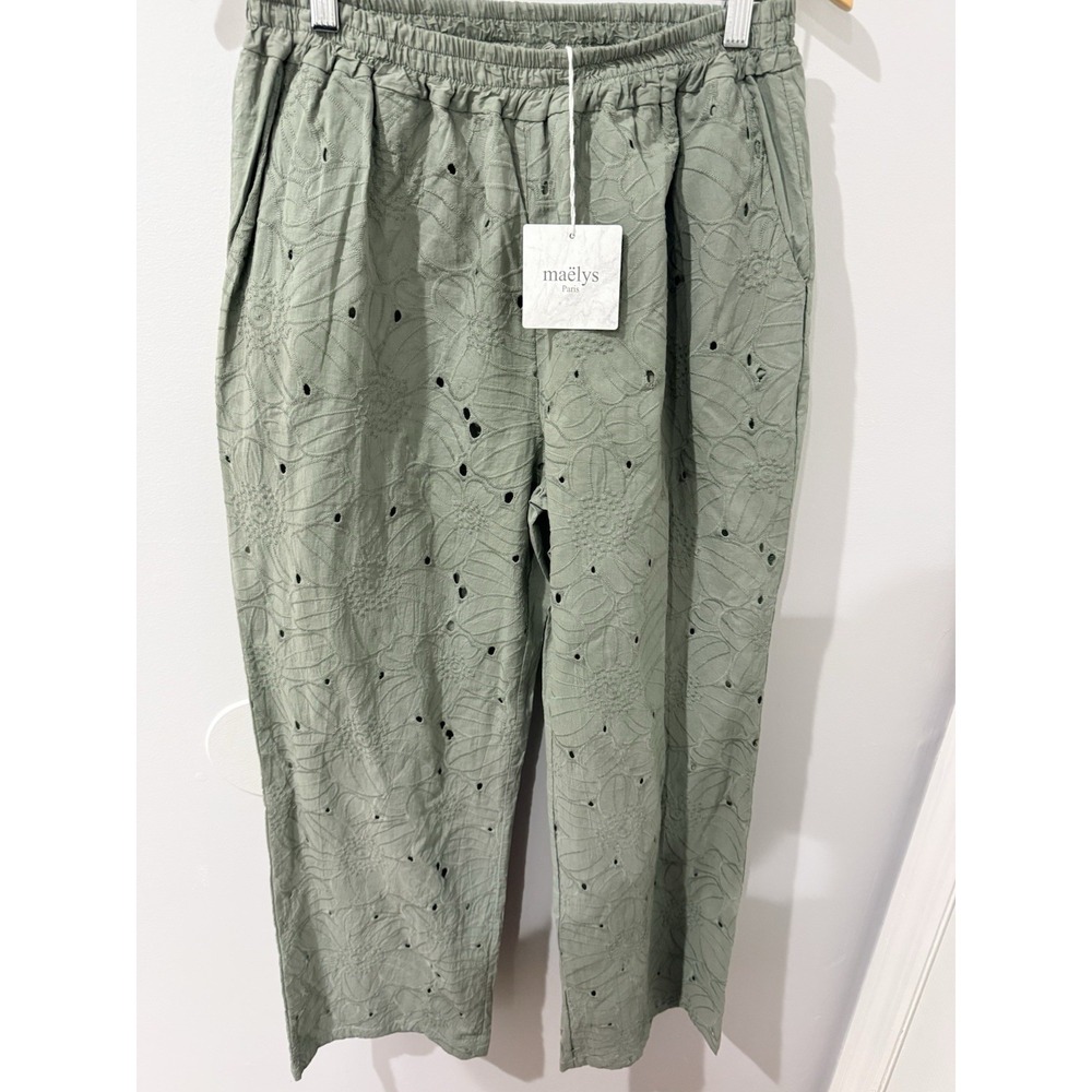 Maëlys Paris Sage Green Floral Eyelet Embroidered Cotton Pants Boho Sz 20 L  1‎